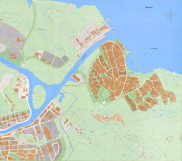 En karta över Norrköping med bebyggelse runt Strömmen.