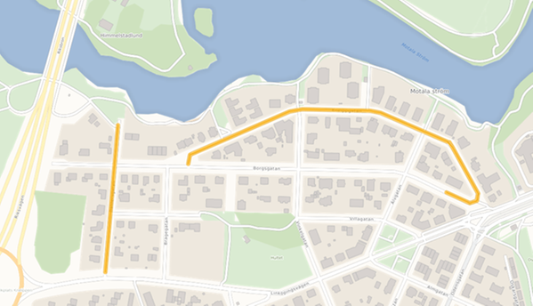 Kartbild med orange markering som visar var beläggningsarbete ska ske i Kneippen.