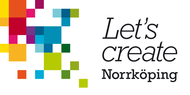 Ett färgglatt pixelmönster från vänster in i bilden. Till höger står texten Let's create Norrköping.