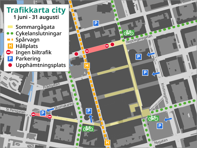 Karta över Norrköpings innerstad med trafikflöden för gångare, cyklister, kollektivtrafik samt platser att parkera på.