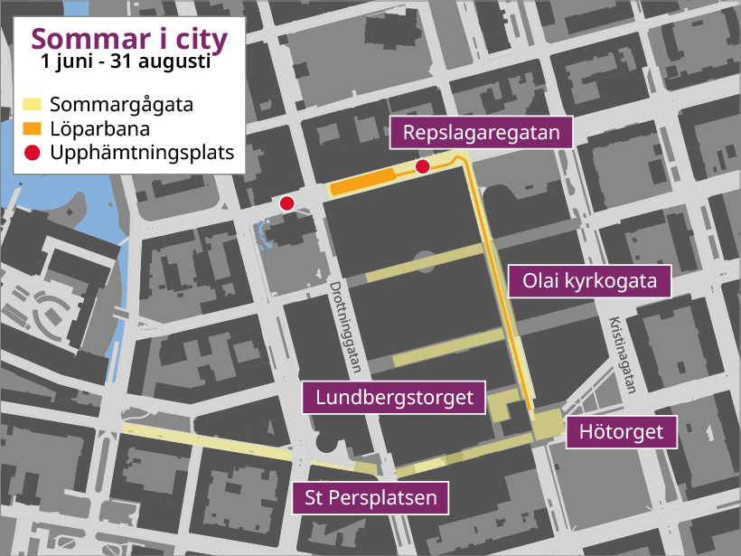 Kartbild över Norrköpings city där sommargågatorna anges: Repslagaregatan, St Persgatan och Olai kyrkogata.