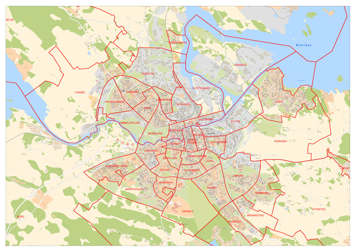 Större bild på en karta som visar stadsdelar inom Norrköpings tätort.