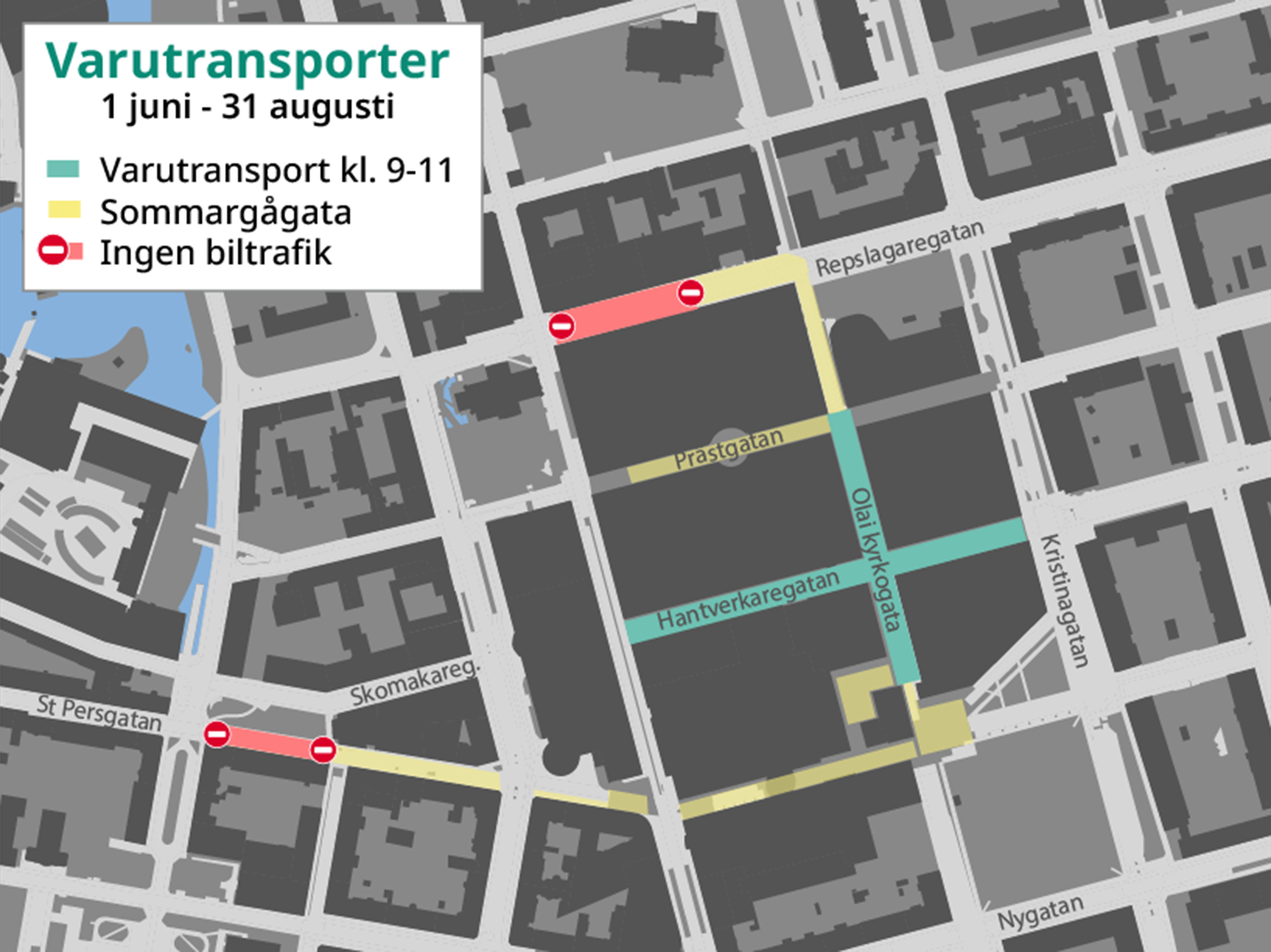 Karta över Norrköpings city med område för varutransporter.