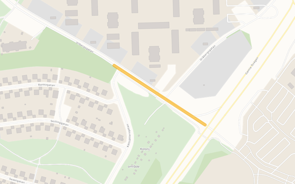 Kartbild med orange markering som visar var på Vilbergsgatan beläggningsarbete ska ske