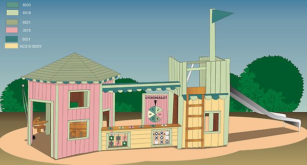 Färgglad illustration som visar lekhus i trä målat i pastellfärger. Huset har stege, lyckohjul, stege och flagga.