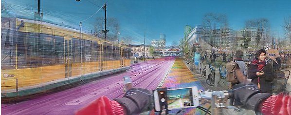 Illustration som visar en visionär skiss av en framtida centralstation med spårvagn, tåg och buss